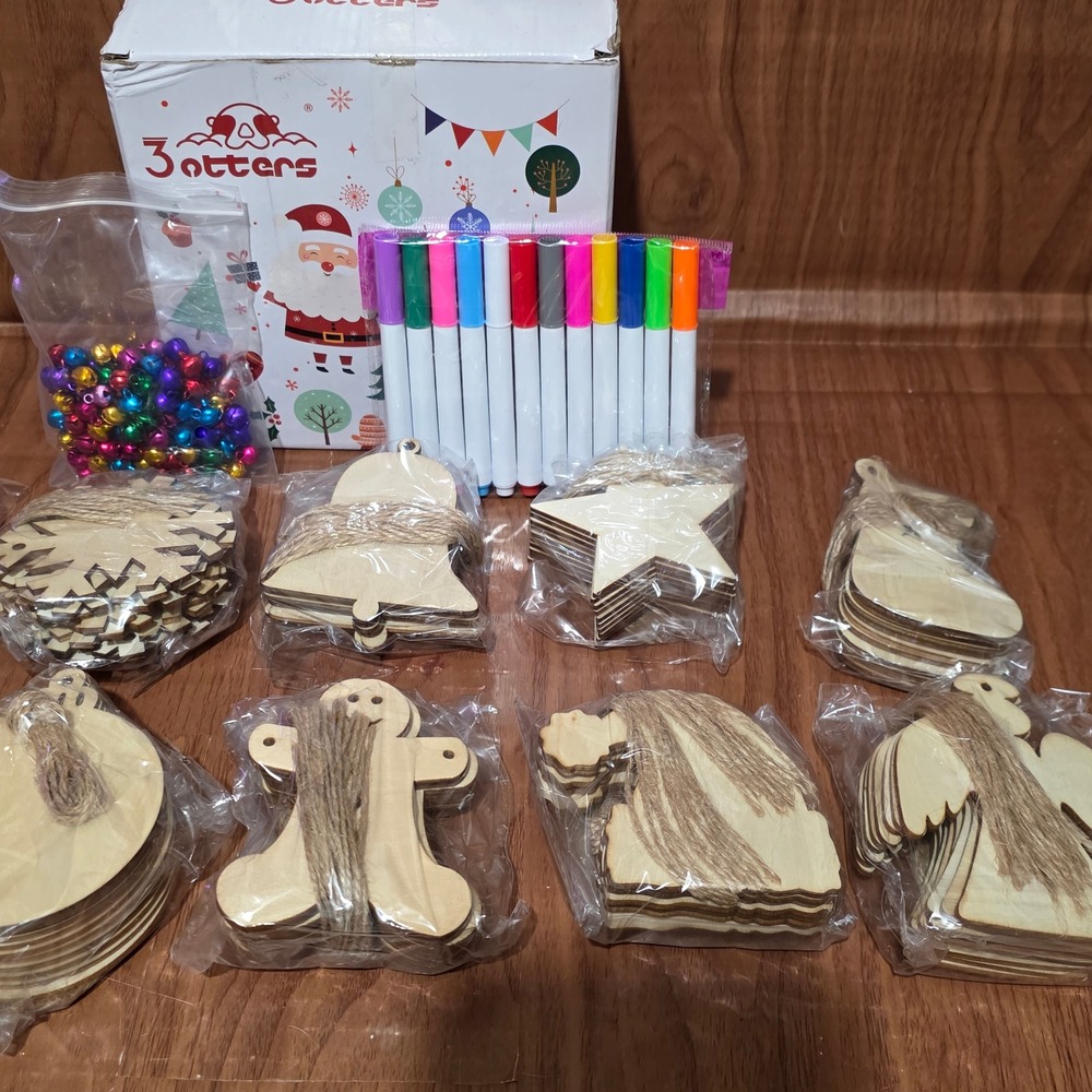3 Otters 100pcs DIY Wood Christmas Ornament Kit Markers Jingle Bells Jute Twine - Picture 2 of 7